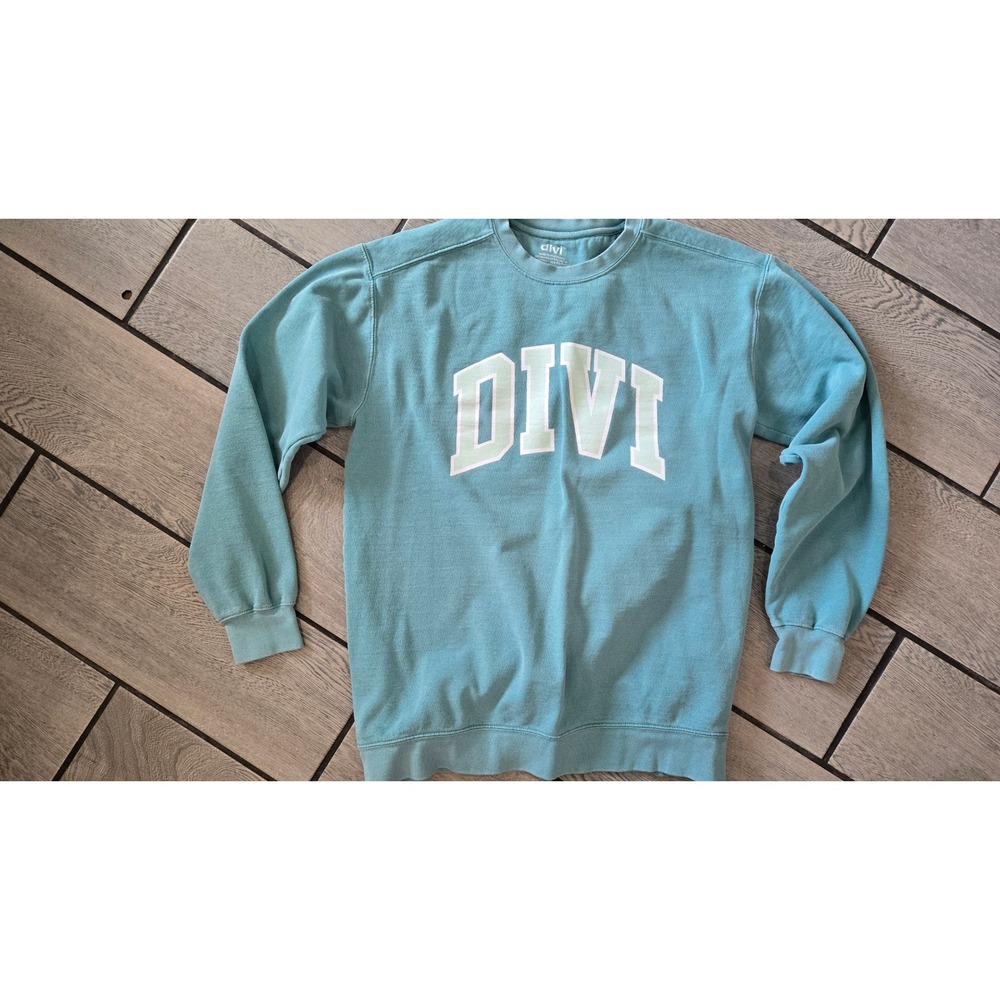 Divi Crewneck Sweatshirt Teal Green Varsity Graphic Pullover Mens Size Medium